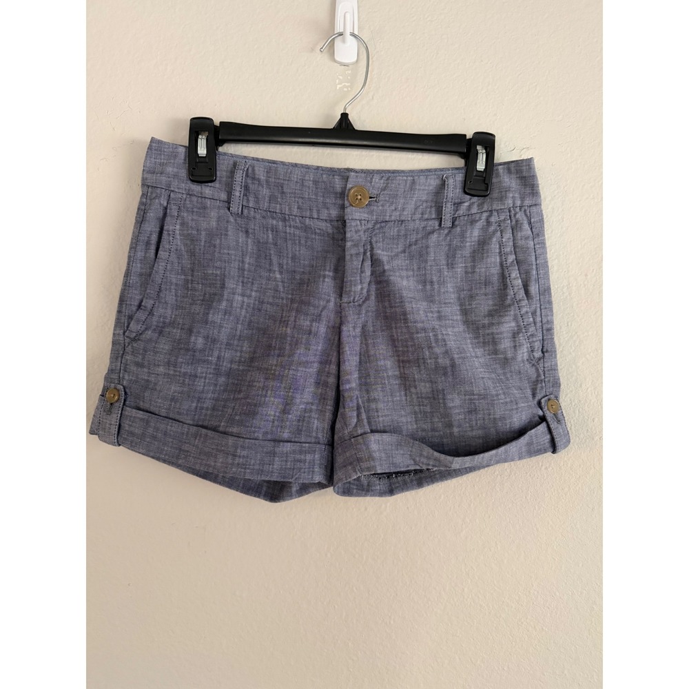 Banana Republic Blue Linen Blend Chambray Cuffed Shorts Button Tab Women 0